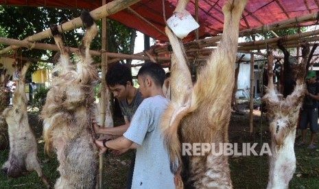 Panitia menguliti kambing kurban di Masjid Fajar Baitullah, Rawapanjang, Bojonggede, Bogor, Senin (12/9).