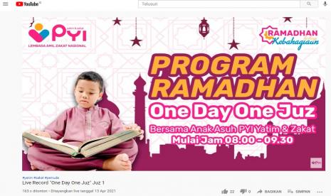 Panti Yatim Indonesia (PYI) gelar Program unggulan Ramadhan yaitu program one day one juz (ODOJ). Demi wujudkan manusia yang beriman dan bertaqwa, serta membentuk karakter yang berkualitas. Program tersebut berisi kegiatan membaca alquran satu hari satu juz oleh anak yatim serta pengurus PYI Yatim dan Zakat, Selasa (20/4).