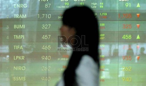 Papan layar menunjukan harga saham di Bursa Efek Indonesia