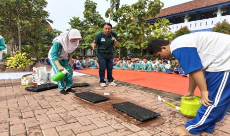 Para murid SMPN 4 Curug, Kabupaten Tangerang, Banten, diajak menanam bibit kol.