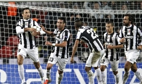 Para pemain Juventus saat merayakan gol ke gawang FC Nordsjalland dalam pertandingan Liga Champions Grup E di Kopenhagen, Selasa (23/10) lalu.