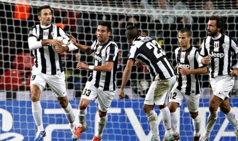 Para pemain Juventus saat merayakan gol ke gawang FC Nordsjalland dalam pertandingan Liga Champions Grup E di Kopenhagen, Selasa (23/10) lalu.