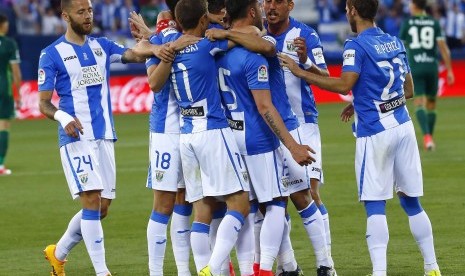 Para pemain Leganes merayakan gol ke gawang Real Betis pada laga La Liga di Stadion Butarque, Senin (8/5). Leganes menang 4-0.