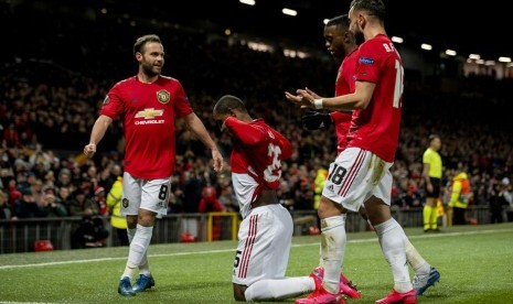 Para pemain Manchester United merayakan gol ke gawang Club Brugge.