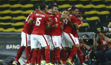 Para Pemain Timnas Indonesia merayakan gol ke gawang Filipina diajang babak penyisishan sepakbola Sea Games 2017 di Kuala Lumpur, Malaysia.