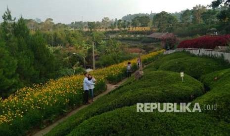 Para pengunjung tengah menikmati objek wisata selfie (swafoto), Rainbow Garden di Floating Market Lembang, Bandung Barat, Ahad (26/8).