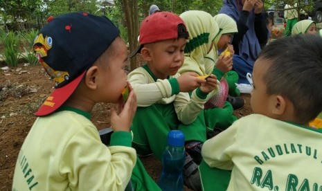 Jabar akan menanam 25 juta pohon di seluruh lahan kritis. Foto: Para siswa RA Raihan Persis 27 Kota Tasikmalaya diajarkan langsung memetik buah langsung dari pohonnya dan menanam pohon, Senin (2/12).