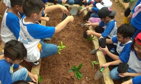 Para siswa SD Bakti Mulya 400 Jakarta merasakan pengalaman langsung bidang pertanian dan peternakan di D'Kandang Farm. 