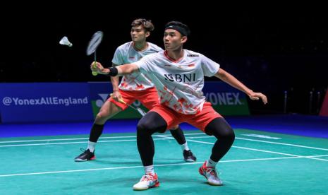 Pasangan Bagas Maulana dan Muhammad Shohibul Fikri di All England 2023. 