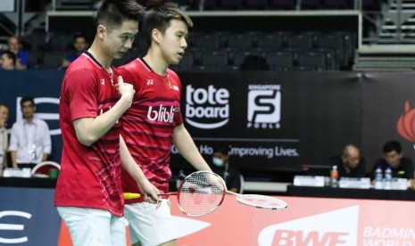 Pasangan ganda putra Indonesia, Kevin Sanjaya Sukamuljo/Marcus Fernaldi Gideon.