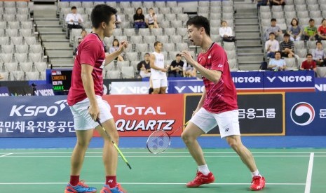 Pasangan ganda putra Indonesia, Kevin Sanjaya Sukamuljo/Marcus Fernaldi Gideon.