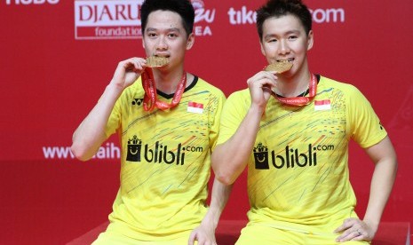 Pasangan ganda putra Indonesia, Kevin Sanjaya Sukamuljo/Marcus Fernaldi Gideon menjadi juara Indonesia Masters 2018