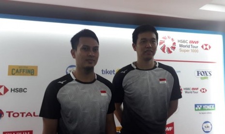 Pasangan Ganda Putra Indonesia, Mohammad Ahsan/Hendra Setiawan di Blibli Indonesia Open 2019, di Istora Senayan, Jakarta, Rabu (17/7). 