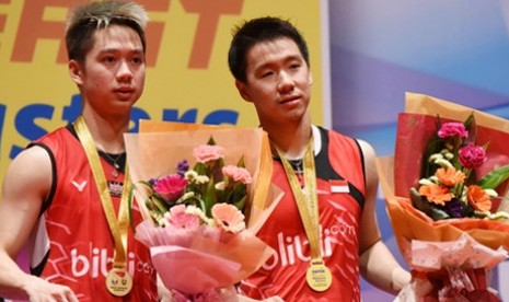 Pasangan Kevin Sanjaya Sukamuljo (kiri)/Gideon Marcus Fernaldi (kanan)