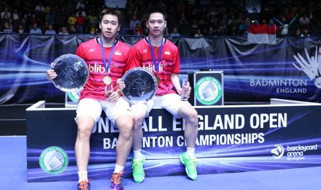 Pasangan muda Indonesia, Kevin Sanjaya Sukamuljo/Gideon Marcus Fernaldi menjadi juara All England 2017, Ahad (12/3).