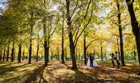 Pasangan pengantin baru difoto dengan latar hutan di musim gugur di Jerman.