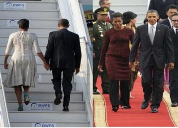 Pasangan Michelle-Barack Obama saat meninggalkan India (kiri) dan tiba di Jakarta (kanan). Perhatikan pakaian yang dikenakan Ibu Negara