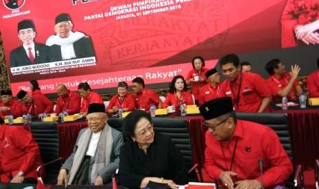 PDI Perjuangan menggelar Rapat Koordinasi Nasional Pemenangan Pemilu 2019 di Kantor Pusat PDIP, Menteng, Jakarta Pusat,  Sabtu (1/9). Rakornas kali ini turut dihadiri oleh calon wakil presiden KH Ma'ruf Amin. 