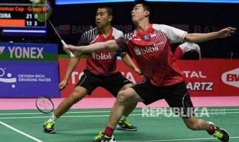 Pasangan ganda putra Indonesia Kevin Sanjaya Sukamuljo (kanan) dan Marcus Fernaldi Gideon (kiri)