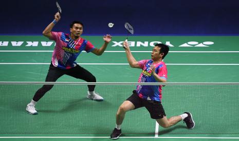 Pebulu tangkis ganda putra Indonesia, Indonesia Mohammad Ahsan (kiri) dan Hendra Setiawan.