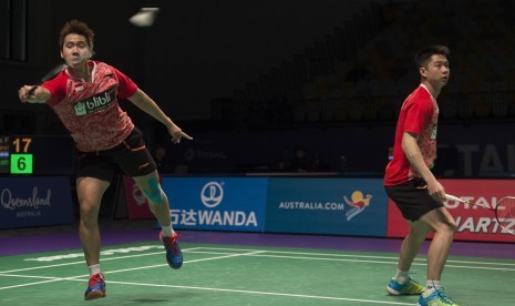 Pebulu tangkis ganda putra Marcus Fernaldi Gideon (kiri) dan Kevin Sanjaya Sukamuljo.