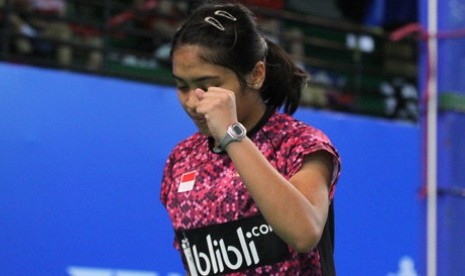 Pebulu tangkis Indonesia Gregoria Mariska Tunjung menang atas tunggal putri Cina Han Yue dengan skor 21-17 dan 21-17.