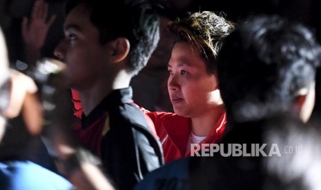 Pebulu tangkis Liliyana Natsir tiba saat pesta perpisahannya di Istora Senayan, Jakarta, Ahad (27/1/2019). 