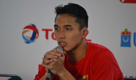 Pebulu tangkis tunggal putra Indonesia, Jonatan Christie di Istora Senayan, Jakarta, Kamis (18/7). 