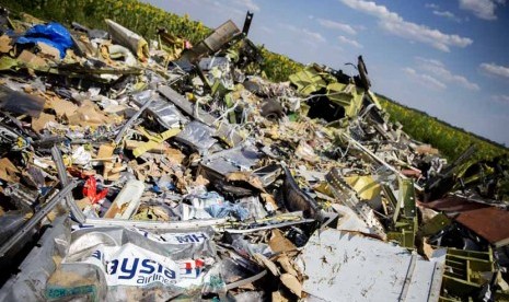 Pecahan badan pesawat MH17 Malaysia Airlines yang hancur di dekat Desa Rozsypne, timur Ukraina, 3 Agustus. 