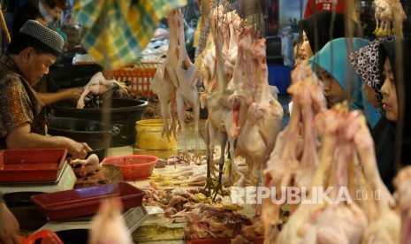 Pedagang daging ayam melayani pembeli (ilustrasi).