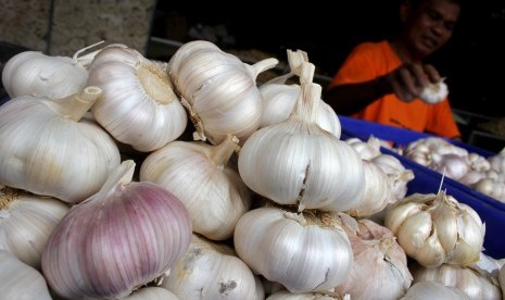 Pedagang membersihkan bawang putih di salah satu pasar tradisional di Makassar, Sulawesi Selatan, Kamis (2/5/2019).