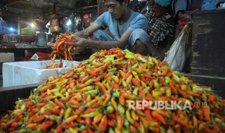 Pedagang memilah cabai di Pasar Senen, Jakarta Pusat, Senin (3/4). 