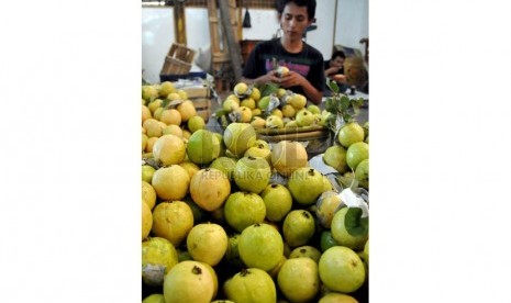 Pedagang menata buah lokal di Pasar Induk Kramat Jati, Jakarta, Jumat (29/8).(Prayogi/Republika)