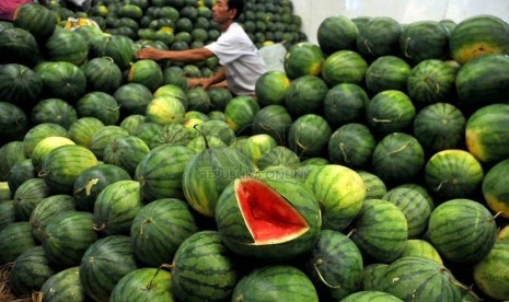 Pedagang menata buah lokal di Pasar Induk Kramat Jati, Jakarta, Jumat (29/8).(Prayogi/Republika)