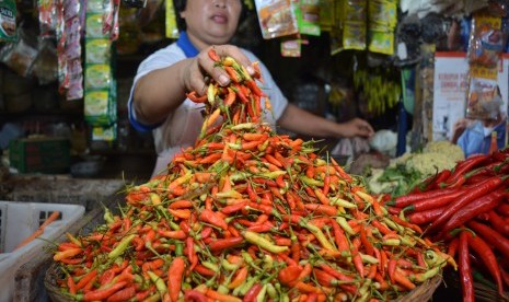 Pedagang menata cabai rawit dagangannya di Pasar Larangan, Sidoarjo, Jawa Timur, Kamis (17/3). 