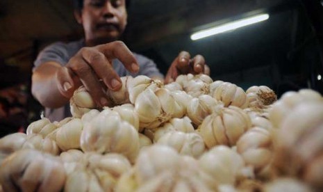 Pedagang mengambil bawang putih impor dari Cina untuk ditimbang di Pasar Senen, Jakarta, Rabu (13/3). 