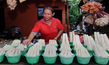 Pedagang menjajakan sayur rebung atau tunas bambu muda di kedainya di jalur Tayan, Kabupaten Sanggau, Kalimantan Barat, Ahad (15/5/2022). Mengonsumsi olahan makanan dari rebung bisa meningkatkan kesehatan usus, melindungi jantung, membuat kulit lebih cerah dan membuat tulang lebih kuat. 