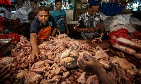 Pedagang menjual daging ayam di pasar. Kementerian Pertanian melalui Direktorat Jenderal Peternakan dan Kesehatan Hewan (Ditjen PKH) memastikan, stok pangan asal hewan yang terdiri dari daging ayam dan telur ayam ras serta daging sapi, dalam kondisi aman. 