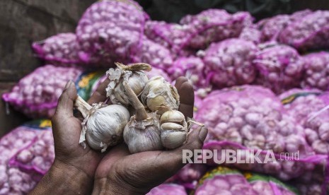 Pedagang menunjukan bawang putih saat operasi pasar di Pasar Kosambi, Kota Bandung, Jumat (10/5).