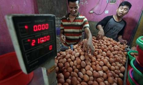 Pedagang merapikan telur ayam dagangannya di Pasar Cibinong, Bogor, Jawa Barat, Kamis (27/9). 