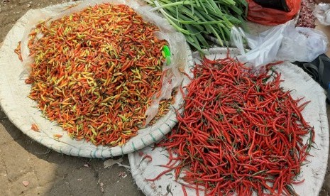 Pedagang sayuran sedang menunggui lapaknya yang sepi pengunjung di Pasar Baru Bekasi, Bekasi Timur, Kota Bekasi, Rabu (17/7). Menurunnya jumlah pembeli lantaran harga cabai rawit merah masih bertahan di angka Rp 80.000 per kilogram. 