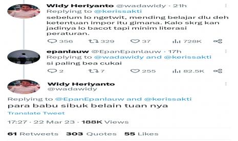 Pejabat Bea Cukai Kemenkeu, Widy Heriyanto berkomentar tidak pantas kepada warga yang mengkritisi kinerja pegawai Bea Cukai Kemenkeu.