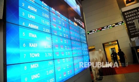 Pekerja berdiri disamping layar pergerakan Indeks Harga Saham Gabungan (IHSG) di Gedung Bursa Efek Indonesia (BEI), Jakarta, Rabu (16/11).