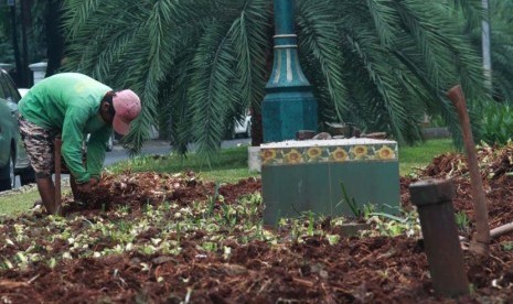 Pekerja Dinas Pertamanan dan Pemakaman Provinsi DKI Jakarta menata taman yang rusak depan kantor KPU di jalan Imam Bonjol, Jakarta Pusat, Kamis (22/5). 