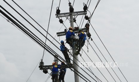 Pekerja melakukan pengerjaan perawatan dan peninggian jaringan kabel listrik PLN. ilustrasi