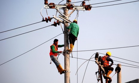 Pekerja melakukan perawatan jaringan listrik milik PT Perusahaan Listrik Negara (PLN) di Tembalang, Semarang, Jawa Tengah, Kamis (5/11).