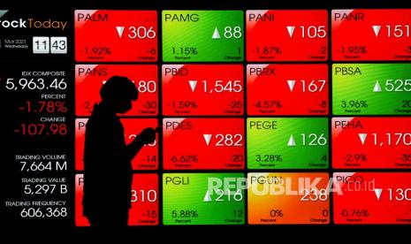 Pekerja melihat telepon pintarnya dengan latar belakang layar pergerakan harga saham di Bursa Efek Indonesia, Jakarta, Rabu (31/3). IHSG menguat ke level 6.497 dan terus naik ke posisi 6.516,22. 