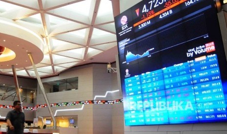 Pekerja melintas di dekat monitoir perkembangan Indeks Harga Saham Gabungan (IHSG) di Bursa Efek Jakarta (BEJ) Jakarta, Jumat (19/2).