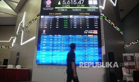 Pekerja melintas disamping layar pergerakan Indeks Harga Saham Gabungan (IHSG), Gedung Bursa Efek Indonesia (BEI) Jakarta, Selasa (18/4).