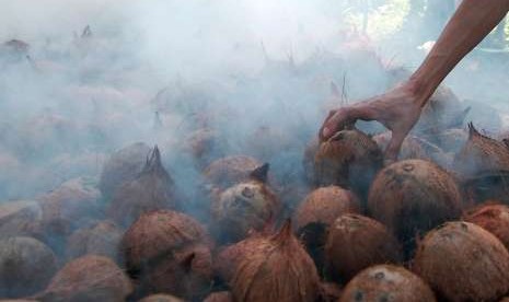 Pekerja membakar buah kelapa untuk dijadikan kopra 